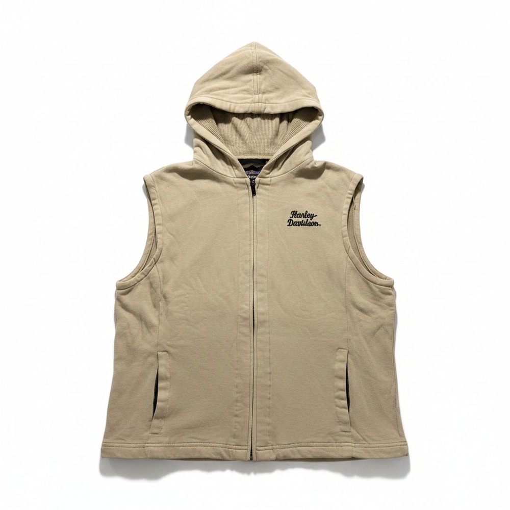 Harley Davidson XL Tan Womens Hooded Zip Up Vest Casual Vintage Biker Moto - Picture 1 of 8